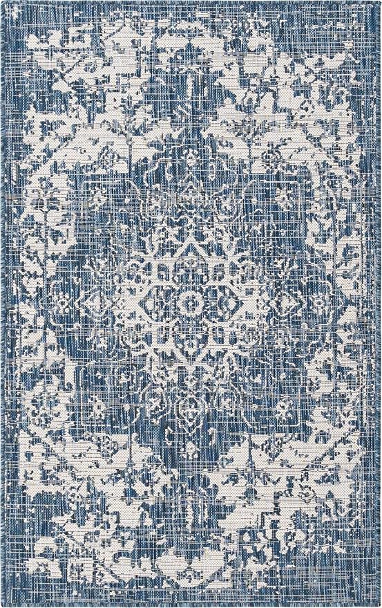 Unique Loom Outdoor Collection Area Rug - Dubai (3' 3' x 5' 3' Rectangle, Blue/ Ivory)