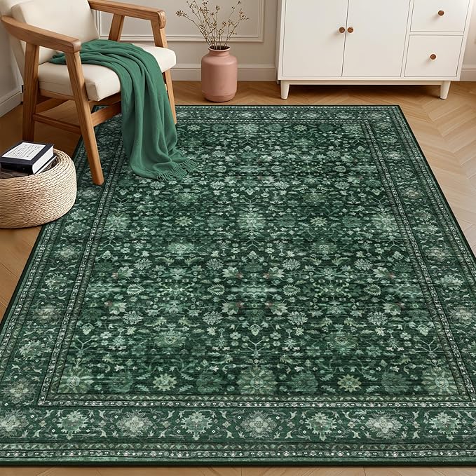 5x7 Area Rugs Living Room: Washable Rug for Bedroom Deep Green | Boho No Slip Stain Resistant Rug Soft Indoor Decor Floor Floral 5x7 Area Rugs for Dining Room, Nursery, Hallway, Home Office