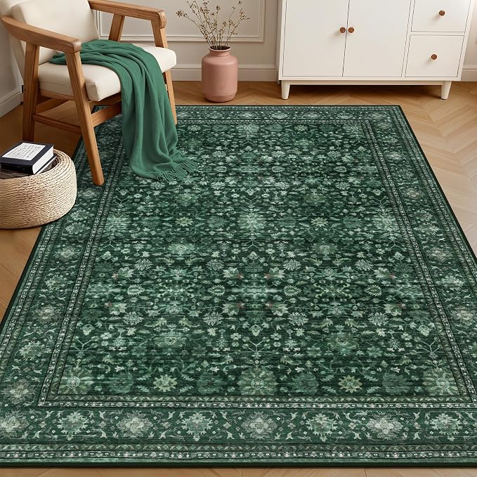 3x5 Area Rugs Living Room: Washable Rug for Bedroom Deep Green | Boho No Slip Stain Resistant Rug Soft Indoor Decor Floor Floral 3x5 Area Rugs for Dining Room, Nursery, Hallway, Home Office