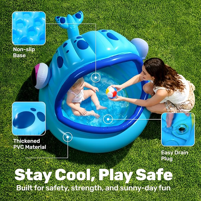 JOYIN Inflatable Shade Kiddie Pool,Whale Baby Pool Tent, Infant Swimming Pool for Kids （54" x 56" x 28"）,Blow Up Toddler Pool for Swim Party Toys Summer Water Beach Fun