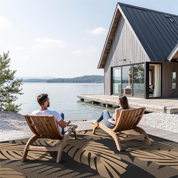 GENIMO Waterproof Outdoor Rug 10' x 14' for Patio Decor, Reversible Plastic Straw Area Rugs for Camping Clearance, RV Mat, Large Outside Carpet for Porch, Deck, Picni, Balcony, Garden, Black & Brown