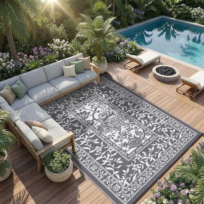 Garvee Outdoor Rug 6x9, Waterproof Reversible Foldable Plastic Straw Rug, Botanical cottagecore Outdoor Rugs Patio Camping RV Carpet for Deck Camper Porch Balcony Backyard Picnic Beach Grey