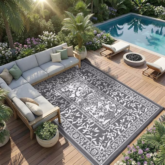 Garvee Outdoor Rug 9x12, Waterproof Reversible Foldable Plastic Straw Rug, Botanical cottagecore Outdoor Rugs Patio Camping RV Carpet for Deck Camper Porch Balcony Backyard Picnic Beach Grey