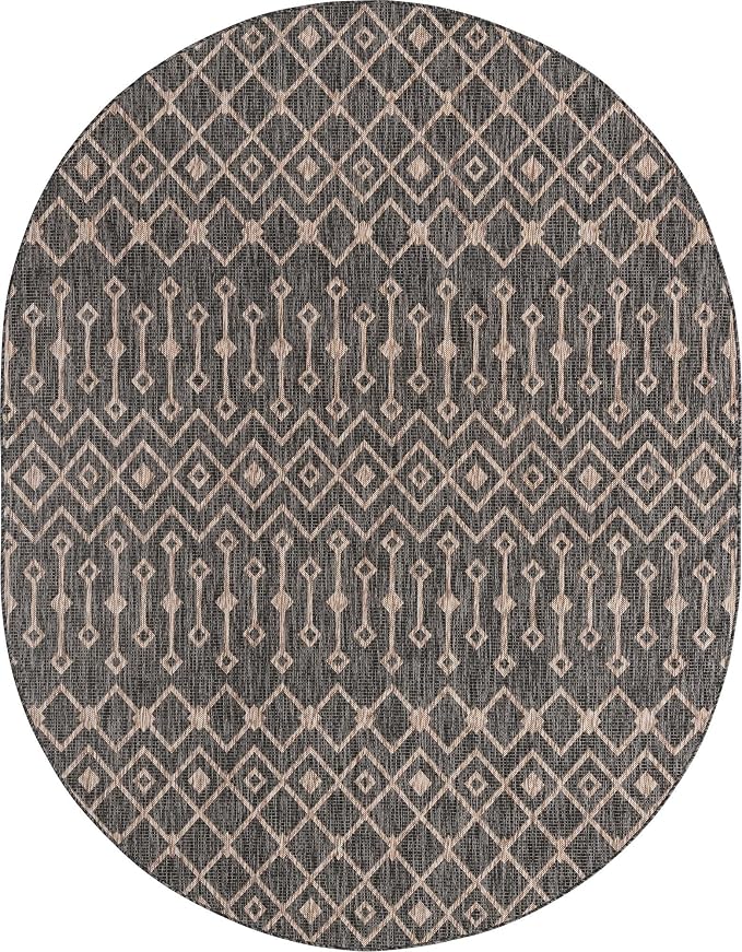 Unique Loom Outdoor Trellis Collection Area Rug - Tribal Trellis (7' 10" x 10' Oval, Charcoal Gray/ Natural)