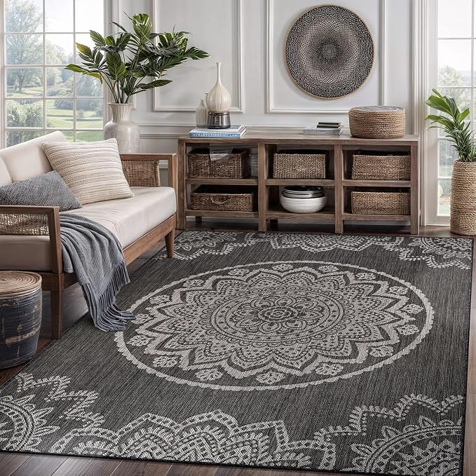 CAMILSON Outdoor Rug 5x7 Modern Area Rugs for Indoor and Outdoor Patios and Porches - Waterproof Washable Non-Shedding Easy-to-Clean Outside Carpet (5 x 7, Medallion - Dark Grey/Light Grey)