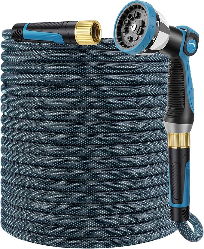 Non-Expandable Garden Hose 50 FT, Lightweight Hose with 10 Function Spray Nozzle, Kink-Free Flexible Water Hose, Durable, Leak-Proof, 360° Swivel Connectors, Portable Storage Strap