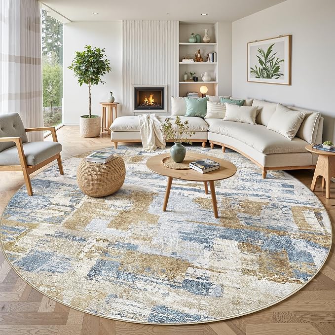 kakania Abstract 8x8 Round Rugs for Living Room: Circle Rugs 8FT Blue | Washable, Soft, Non-Slip, Low-Pile, Pet & Kid Friendly - Large Modern Home Decor Carpet for Bedroom/Dining Room/Nursery