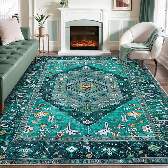 SERISSA 8x10 Washable Non Slip Boho Area Rug for Living Room，Teal | Ultra Soft Vintage Oriental Carpet Low-Pile Distressed Tribal Throw Carpet for Dining Room Bedroom Dorm Office Home Decor