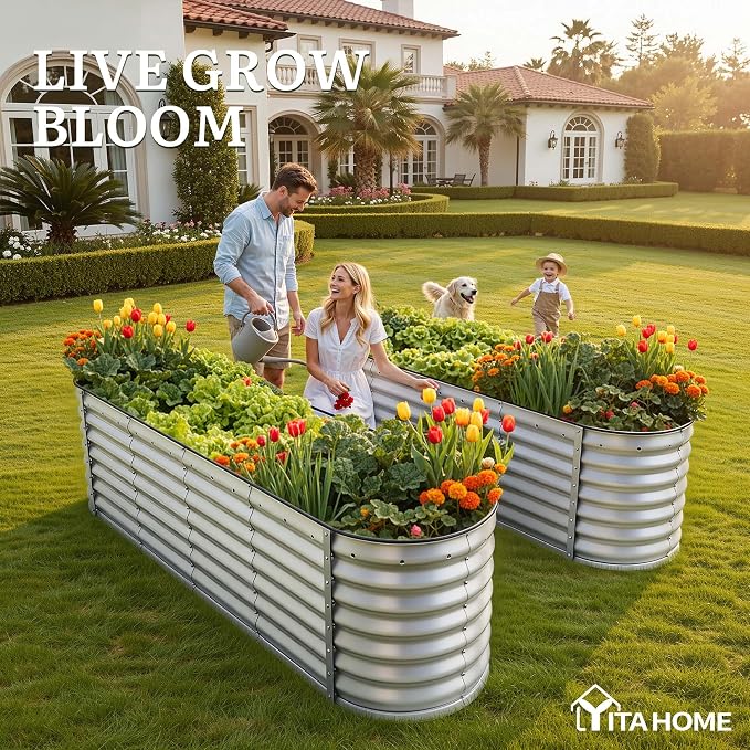 YITAHOME 8x2x2ft Galvanized Oval Raised Garden Bed, Metal Planter Box with Safety Rubber, Gloves, Outdoor Flower Bed for Planting Plants Vegetables, Silver