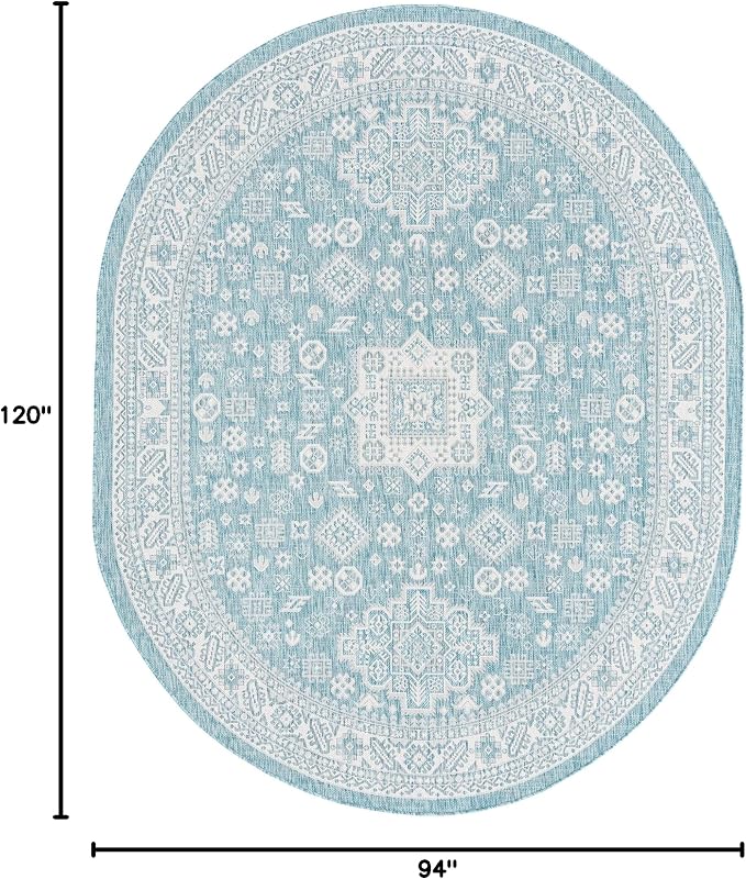 Unique Loom Outdoor Aztec Collection Area Rug - Chalca (7' 10" x 10' Oval, Aqua/ Ivory)