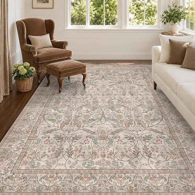 Moss Green 5x7 Washable Living Room Rug, Vintage Farmhouse Dining Room Rugs for Under Table, Machine Washable Low Pile Kitchen Carpet, Non Slip Stain Resistant Large Throw Carpet for Entryway Bedroom