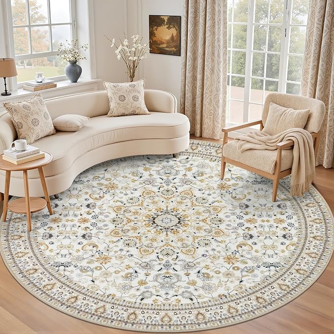 Round Area Rug for Living Room: 4ft Washable Rug for Bedroom Beige | Vintage Boho Soft Round Rug Indoor Floor No Slip Carpet Stain Resistant Rugs for Bedroom Dining Room Nursery Home Office