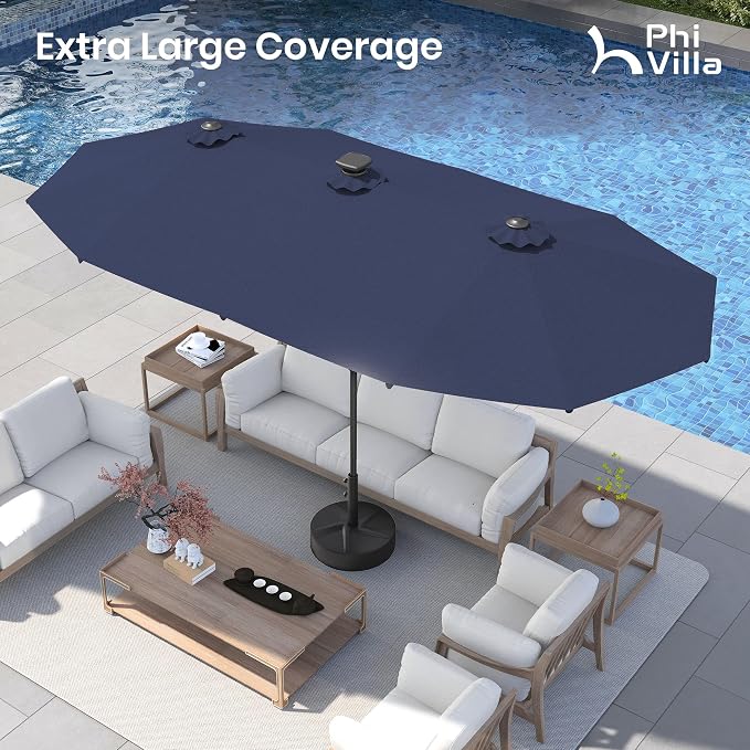 PHI VILLA 13ft Patio Umbrella with Solar-Powered 120 PCS LED Color-Changing Lights, Triple-Head Large Rectangle Umbrella Outdoor Patio for Table with Crank Lift,Navy Blue(No Base)
