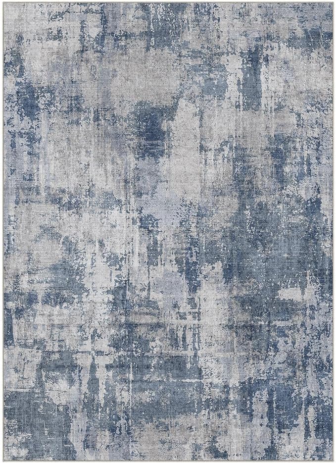 DMOYEST 10x14 Area Rug for Living Room Washable Abstract Indoor Carpet | Neutral Modern Low Pile Rugs Kid & Pet Friendly Large Soft Thin Carpet for Bedroom Dining Room and Office - Dark Blue