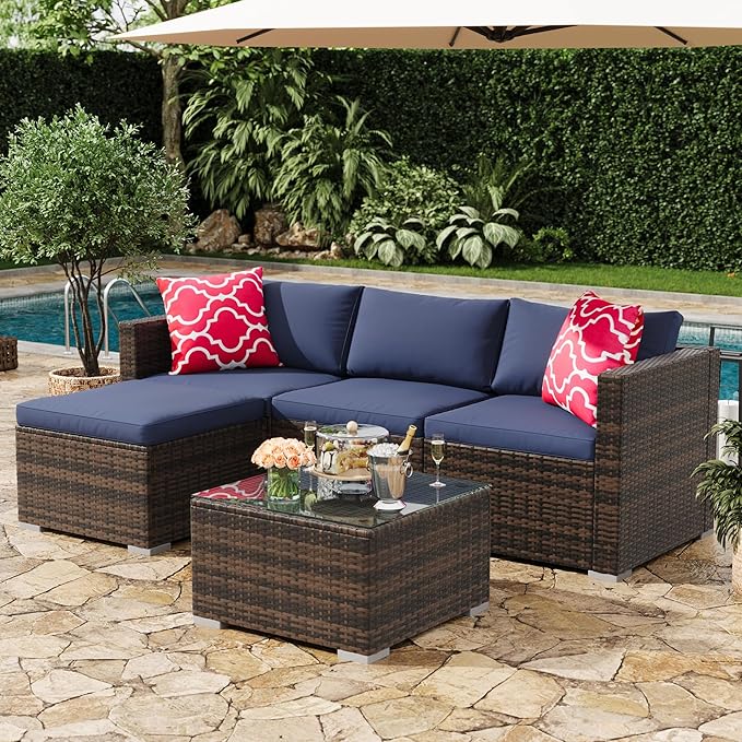 5-Piece Outdoor Sectional Sofa Set, All-Weather PE Rattan Patio Furniture with Ottoman & Tempered Glass Table, Convertible Garden Couch for Backyard, Porch, Poolside (Brown/Dark Blue)
