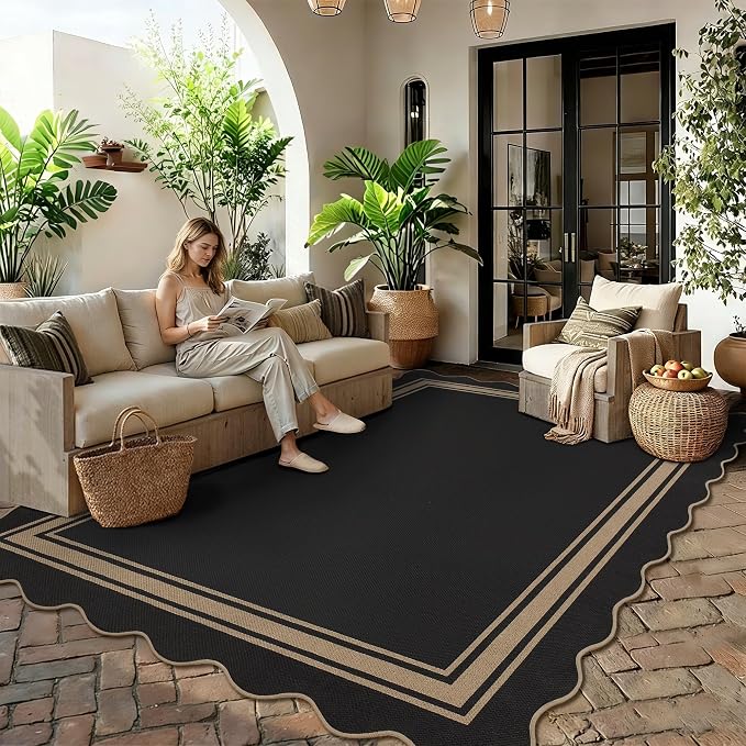 5x7 Scalloped Rug Easy Jute Washable Outdoor Patio Rug for Living Room Indoor Outdoor Black Geometric Neutral Carpet for Backyard Patio Dining Room