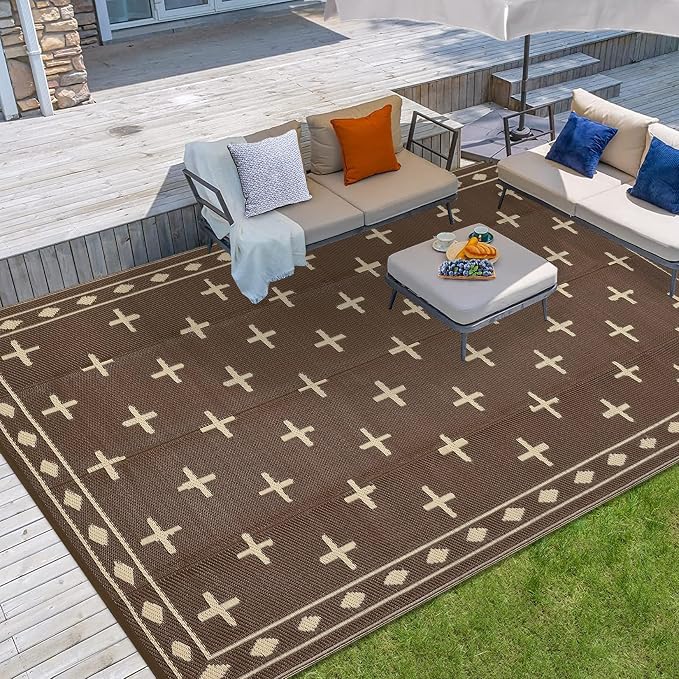 Outdoor Patio Rug 9x18 Waterproof Outside Area Rugs Modern Reversible Plastic Straw Carpet for RV Deck Camping Entryance Porch Picnic Balcony Beach，Brown/Coffee