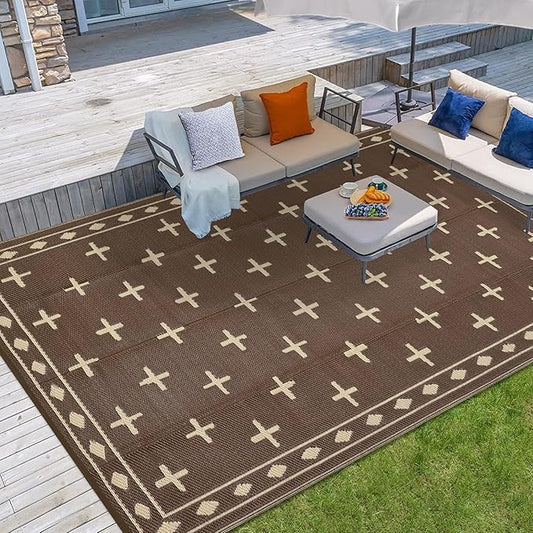 Outdoor Rug 9x12 Modern Area Rugs for Indoor and Outdoor Patios and Porches - Waterproof, Washable, Non-Shedding, Easy-to-Clean Outside Carpet，Brown/Coffee