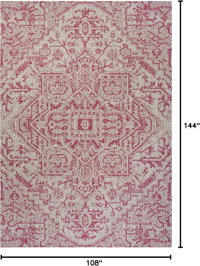 JONATHAN Y Boho Medallion Indoor Outdoor Area Rug 9X12 Light Gray/Fuchsia, Estrella Textured Weave for Backyard, Patio, Porch, Easy-Cleaning, High Traffic, Pet-Friendly, Non-Shedding (SMB105F-9)