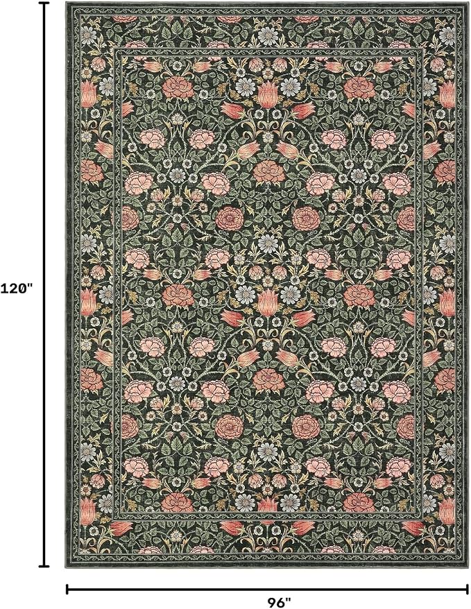 GarveeHome Dark Green Floral 8x10 Area Rugs for Living Room Bedroom | Large Washable Dinning Room Dorm Office Rug Vintage Boho Rugs Low-Pile Non-Slip Stain Resistant TPE Backing