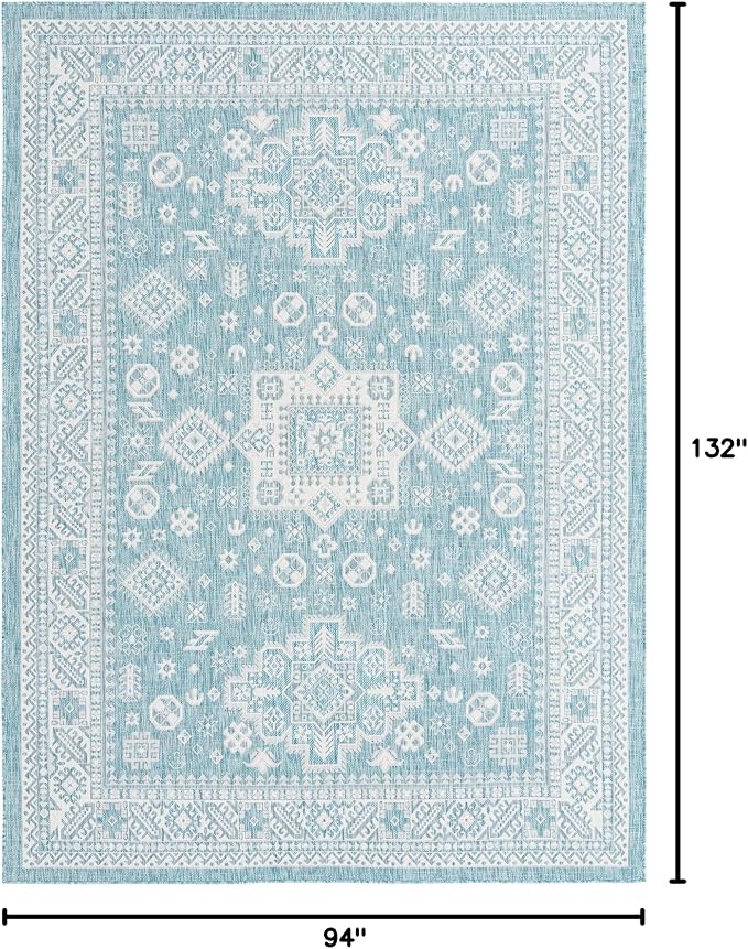 Unique Loom Outdoor Aztec Collection Area Rug - Chalca (7' 10" x 11' Rectangle, Aqua/ Ivory)