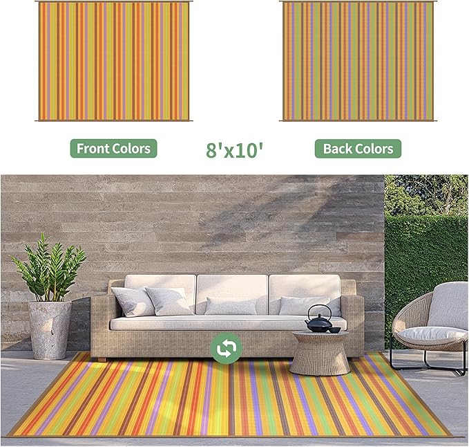 GENIMO Outdoor Rug for Patio Clearance, 8'x10' Reversible Plastic Straw Rugs, Lightweight Waterproof RV Camping Mat for Camper, Balcony, Deck, Backyard, Picnic, Rainbow