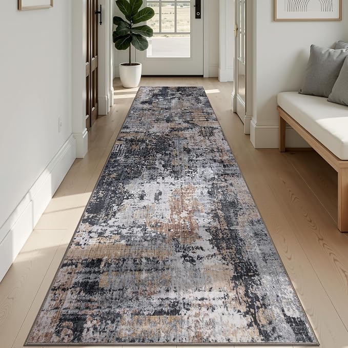 Sasttie 2x12 Runner Rug, Modern Abstract Hallway Carpet, Black & Cream | Machine Washable, Ultra-Soft Faux Wool, Low Pile, Non-Slip, Thin, for Entrance, Entryway, Kitchen & Laundry Room