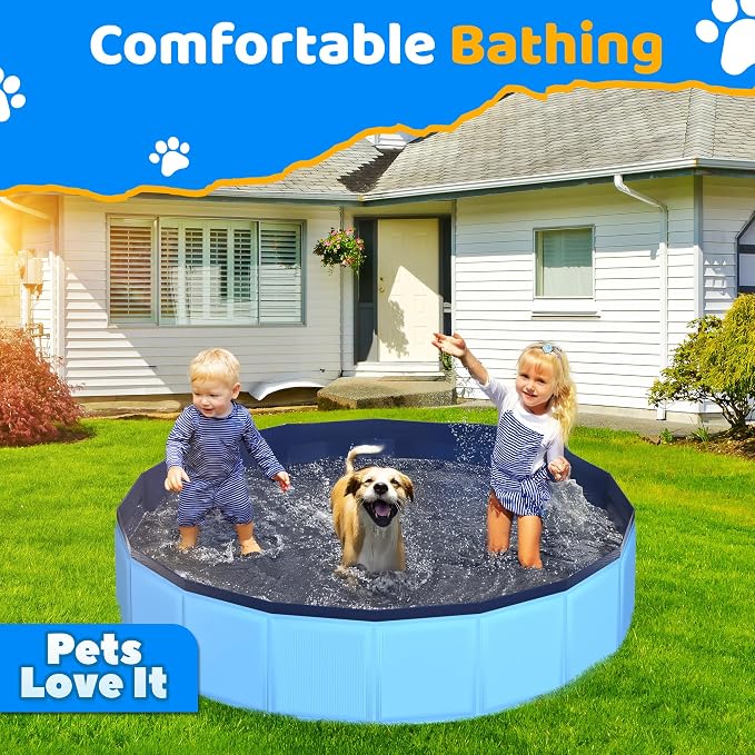 CACSPS 48" x 12" Foldable Dog Pool - Collapsible Hard Plastic Kiddie Pool for Dogs & Kids, Non-Slip Pet Bath Tub for Outdoor Backyard Use, Lightweight & Portable (Blue)