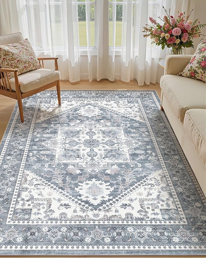Washable Area Rug-5X7 Vintage Neutral Soft Blue | Non Slip Thin Foldable Large Floor Carpet for Living Room Bedroom Kitchen Dining Room Home Office Farmhouse Indoor