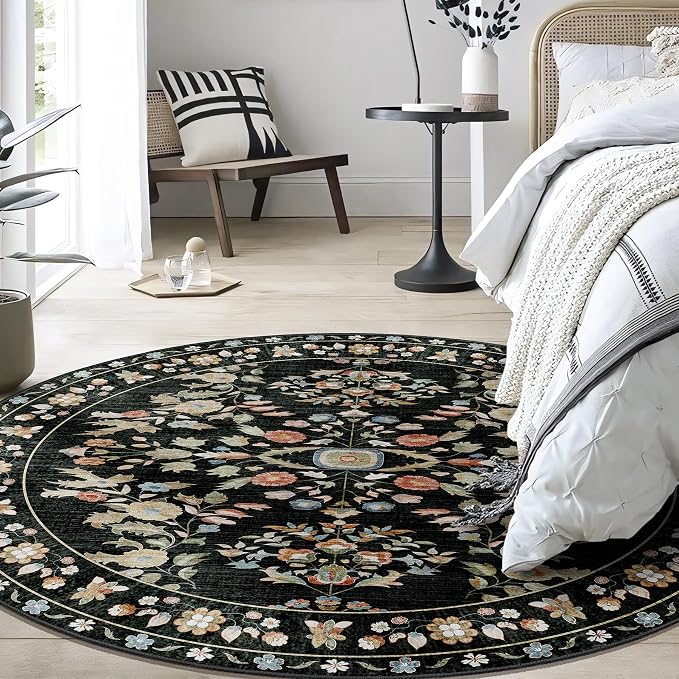 Round Rugs 5ft Circle Area Rug Washable Non Slip Ultra-Thin Floral | Machine Washable Circular Throw Carpet for Living Room Bedroom Dining Room Floor Indoor Low Pile Boho Vintage Black