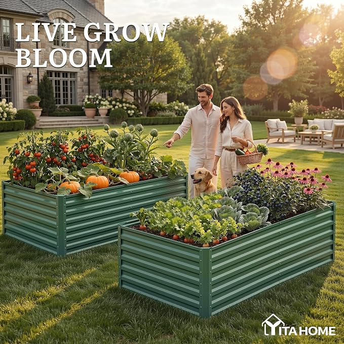 YITAHOME 6x3x2 ft 2pcs Galvanized Raised Garden Bed Kit, Large Metal Planter Box with Gloves & Support Rod, Outdoor Flower Bed for Plants Vegetables, Green