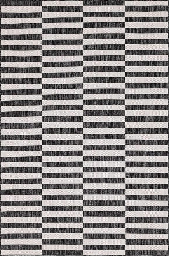 Unique Loom Outdoor Striped Collection Area Rug - Striped (6' 1" x 9' Rectangle, Charcoal/Ivory)