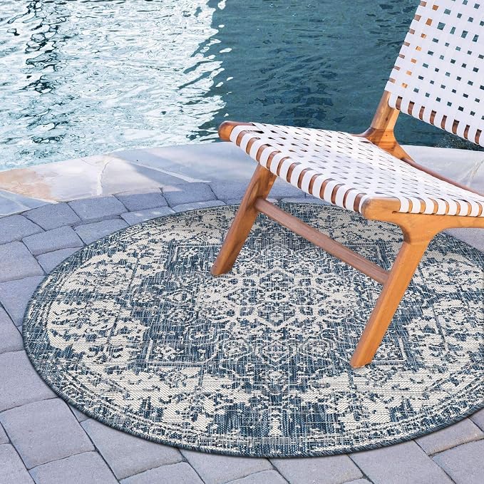 Unique Loom Outdoor Collection Area Rug - Dubai (4' 1' Round, Blue/ Ivory)
