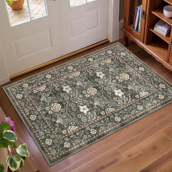 GarveeHome Small Entryway Rug, 2x3 Washable Front Door Rug Indoor Entrance Floral Carpet Non-Slip Low Pile Throw Rugs for Kitchen Floor, Powder Room, Entry, Bathroom, Kids Room