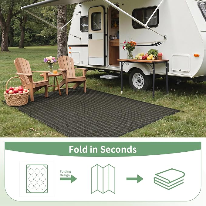 GENIMO Outdoor Rug for Patio Clearance, 5'x8' Reversible Plastic Straw Rugs, Lightweight Waterproof RV Camping Mat for Camper, Balcony, Deck, Backyard, Picnic, Black & Brown