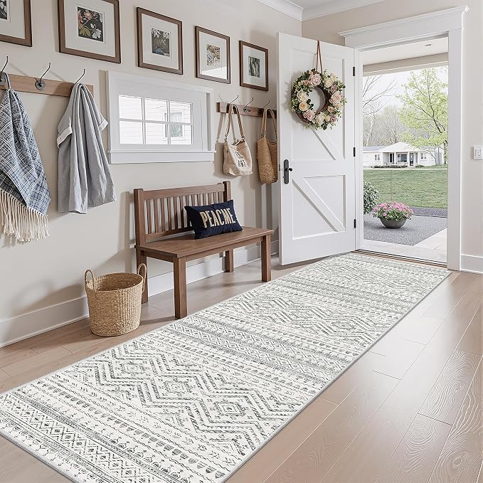 Miukiki Hallway 2x8 Runner Rug Washable Non Slip Kitchen Rug Grey | Soft Low Pile Long Floor Runner for Entryway Bedroom Laundry Room, Indoor Foldable Carpet with Rubber Backing 2'x8'
