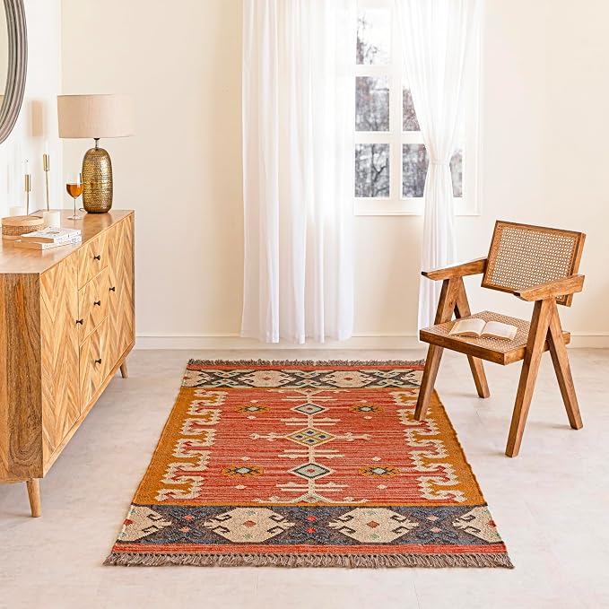 Jute Traditional Kilim Rug Boho Flatweave Area Rug for Living Room, Living Room Entryway, Tribal Series, 3'x5'
