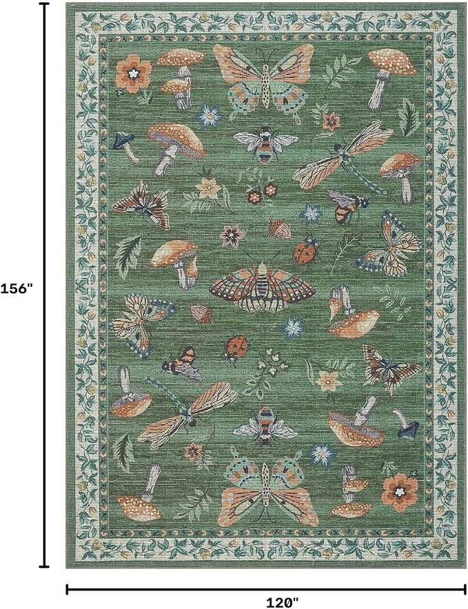 Mushroom 10x13 Area Rug for Living Room Washable Non Slip Forest Soft Low-Pile Stain Resistant Thin Large Throw Carpet for Bedroom Dining Room Office Green
