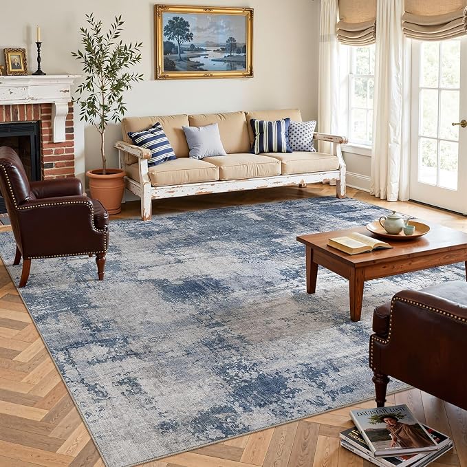 DMOYEST 10x14 Area Rug for Living Room Washable Abstract Indoor Carpet | Neutral Modern Low Pile Rugs Kid & Pet Friendly Large Soft Thin Carpet for Bedroom Dining Room and Office - Dark Blue