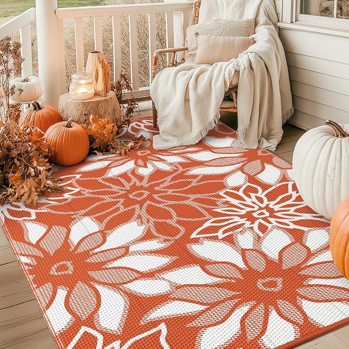 GENIMO Outdoor Rug Waterproof for Patio Decor, 6' x 9' Reversible Plastic Straw Floral Camping Carpet, Large Area Rugs Mats for RV, Camper, Deck, Balcony, Porch, Beach, Picnic, Orange & White