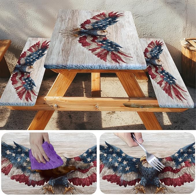 Picnic Table Cover with Bench Covers Elastic Edges, Outdoor Patio Camping Essentials 72 Inch 3PCS, Waterproof Camping Fitted Tablecloth with Handbags (American Flag Eagle)