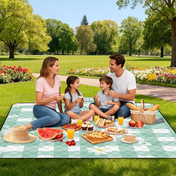 Extra Large Picnic Blanket Waterproof,80"x 80"Foldable Machine Washable Beach Blanket,Outdoor Blanket for 6-8 Adults,Suitable for Indoor Crawling,Park Beach,Camping,Hiking,Family Travel(Light green)