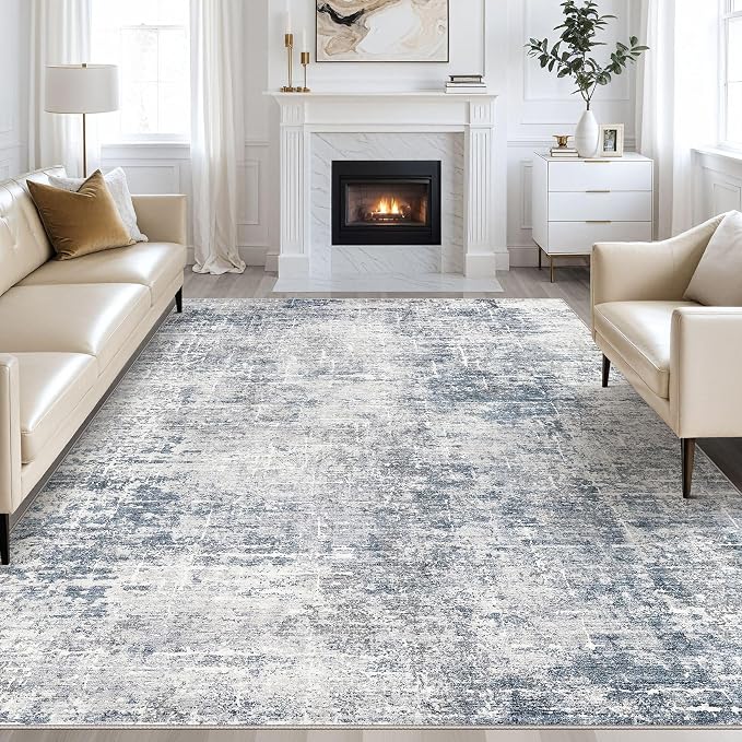 kakania Abstract 8x10 Area Rugs for Living Room: Washable Rugs Blue Grey | Soft, Non-Slip, Low-Pile, Pet & Kid Friendly - Large Modern Home Decor Carpet for Bedroom/Dining Room/Office/Nursery