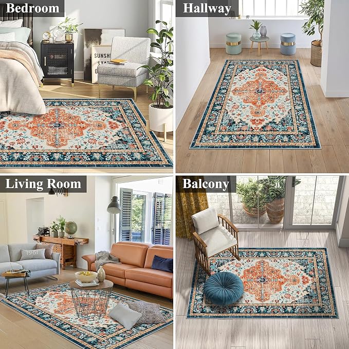 U'Artlines Boho Vintage Area Rug 3x5 Machine Washable Carpet,Orange/Multi | Low Pile, Non Slip, Ultra-Thin Soft Floor Carpet, Accent Rug for Living Room Bedroom Entryway Dining Room Office