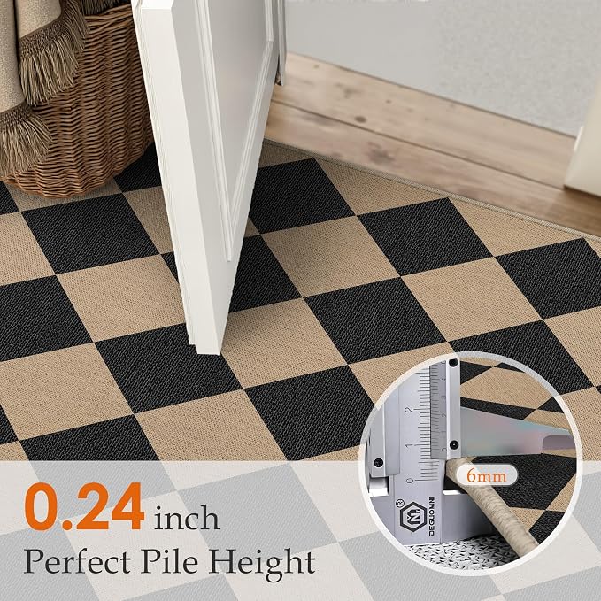 PureCozy 2x3 Checkered Easy Jute Kitchen Front Doormat Non Slip Washable Neutral Area Rug Diamond Non Shedding Low Pile Black Checkerboard Floor Carpet for Farmhouse Entryway Porch Doorway