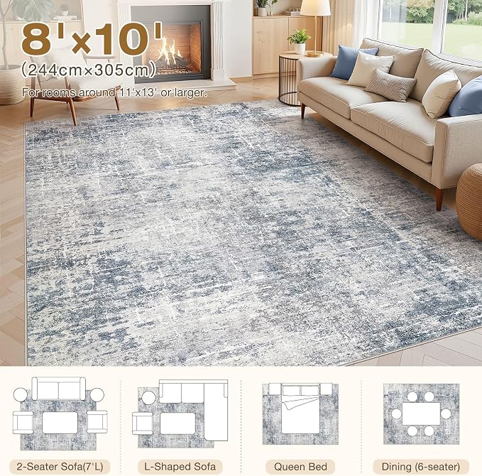 kakania Abstract 8x10 Area Rugs for Living Room: Washable Rugs Blue Grey | Soft, Non-Slip, Low-Pile, Pet & Kid Friendly - Large Modern Home Decor Carpet for Bedroom/Dining Room/Office/Nursery