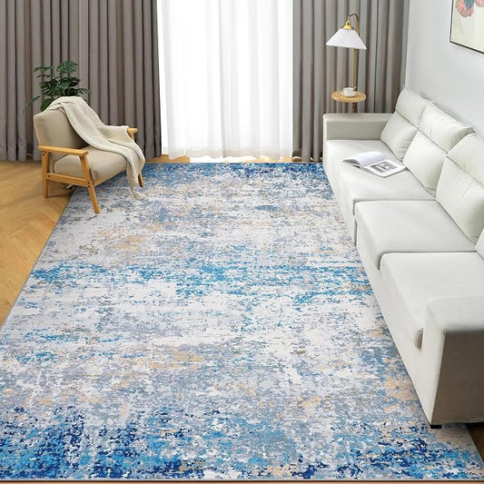 ROYHOME Modern Abstract Area Rug 3x5 Non Slip, Blue/Grey | Non Shedding Rug Low Pile Stain Resistant for Bedroom Living Room