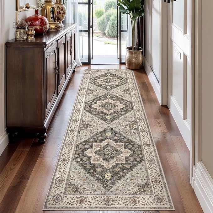 Tangsoo 2.6x10 Hallway Runner Rugs, Washable Non Slip Vintage Rug Runners | Farmhouse Soft Low Pile Long Rug, Boho Print Indoor Carpet Runners for Hallway Living Room Kitchen Bedroom Grey Home Decor