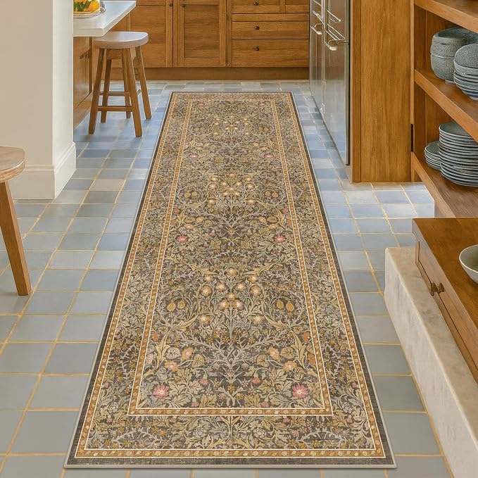 Non Slip 2x8 Gold Brown Long Runner Rug, Washable Runner Rug for Hallway, Bathroom, Entryway Rug, Stain Resistant Kitchen Floor Mat - Vintage Floral Indoor Décor, Low Pile Soft Carpet