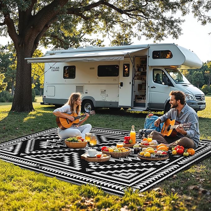 GENIMO Outdoor Rug for Patio Clearance - 6x9 ft Waterproof Plastic Camping Rugs, Reversible Outside Rv Mat Carpet for Porch, Deck, Picnic, Balcony, Beach, Backyard, Black White